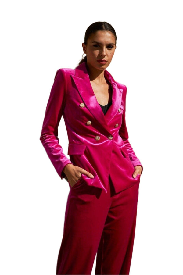 CHOKLATE PARIS Women's Pink Velvet Double-Breasted Blazer with Gold Buttons, Size 36 (US 4)