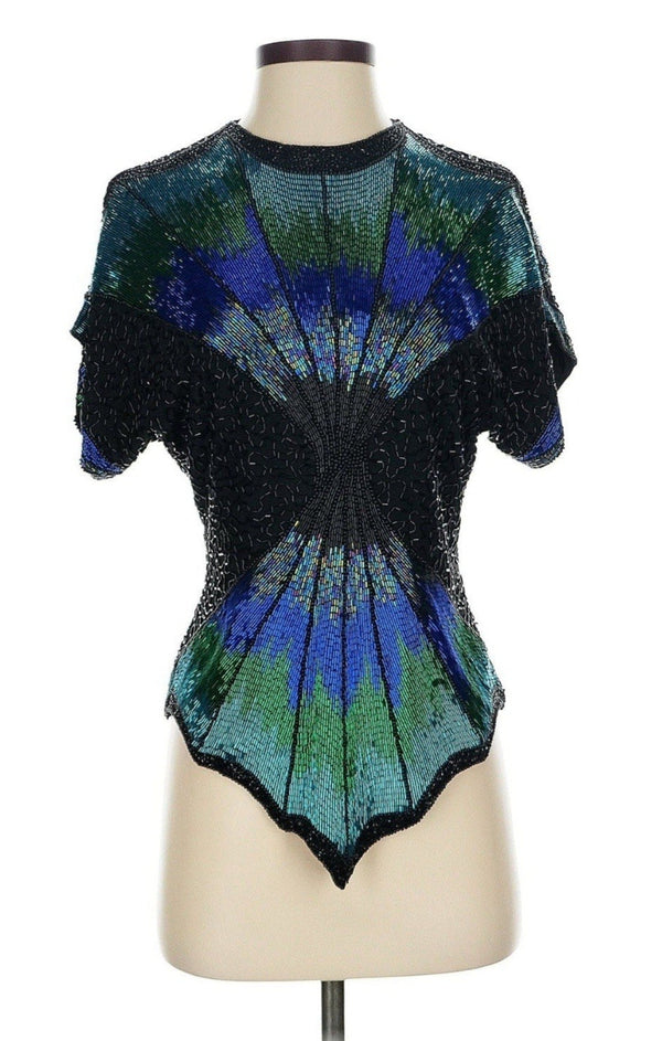 VTG Oleg Cassini Women’s 80s Silk Beaded Butterfly Blouse Blue & Black Small RARE