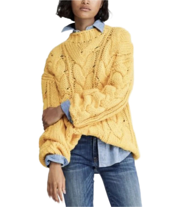 Polo Ralph Lauren Women's Yellow Aran-Knit Wool Cashmere Sweater, Cableknit, Size Small