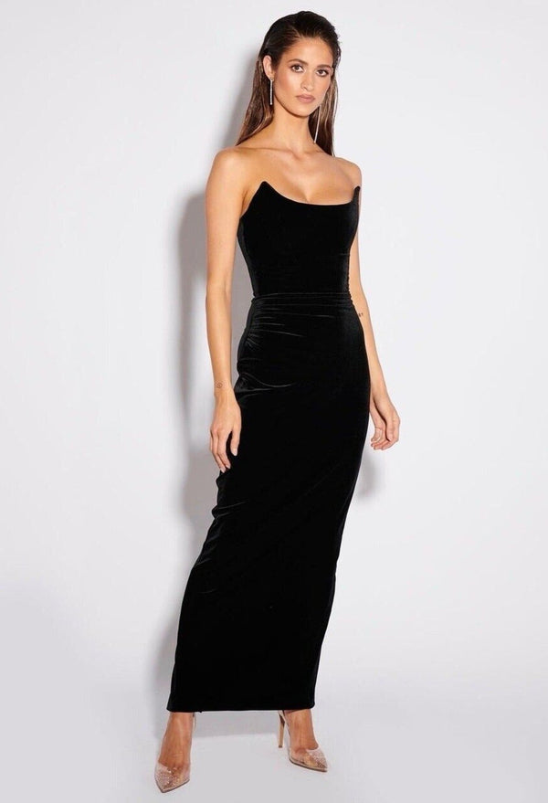 NWT Effie Kats Koi Women's Black Velvet Strapless Fitted Evening Gown with Back Slit, Large