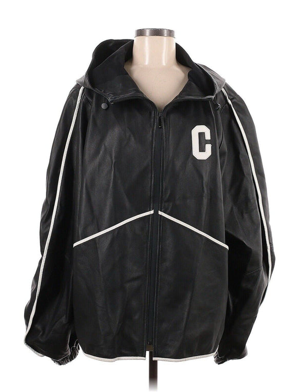 Unbranded Leather Hooded Bomber Letterman Jacket, Black, Size 38 (US 6)