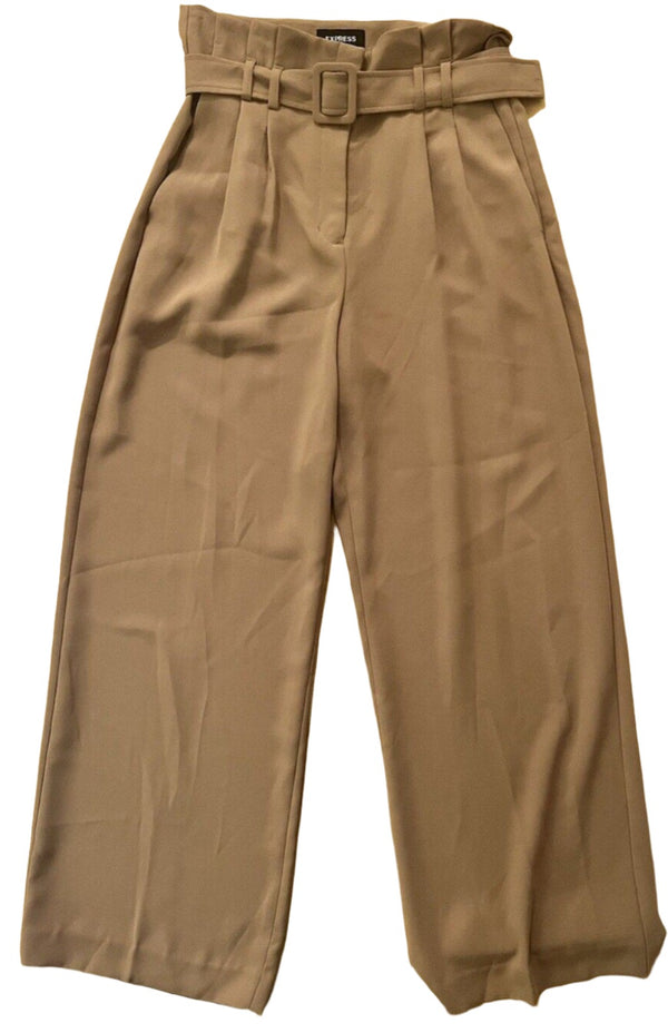 NWOT Express Women's High Waist Wide Leg Belted Pants - Tan Beige, Size 8R