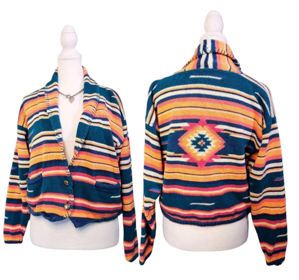 VTG Santa Fe Women's Aztec Navajo Print Cardigan Jacket with Concho Buttons - Small