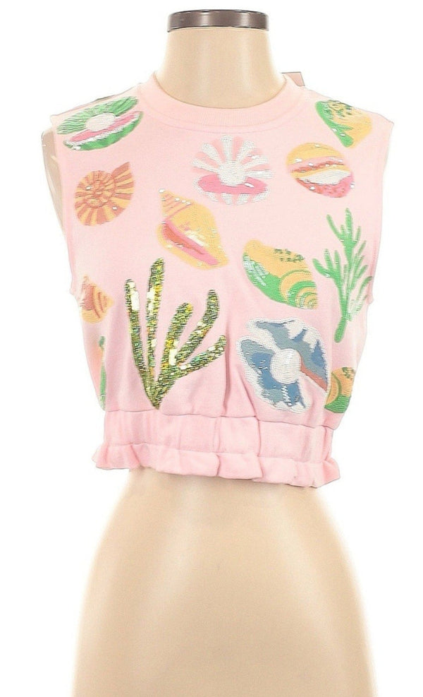 NWT Queen of Sparkles Women's Pink Sleeveless Beach Seashells Sweatshirt – Size XS