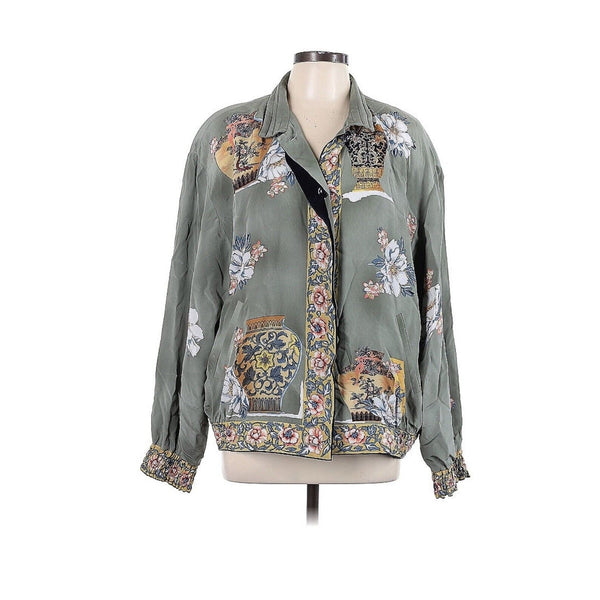 VTG Peter Nygard Women's Silk Printed Bomber Jacket Blouse Floral Buttons Green Large