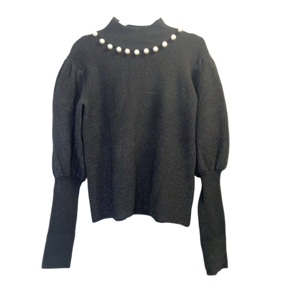 Elliatt Women's Ruth Turtleneck Pearl Neckline Black Knit Sweater with Balloon Sleeves, Small