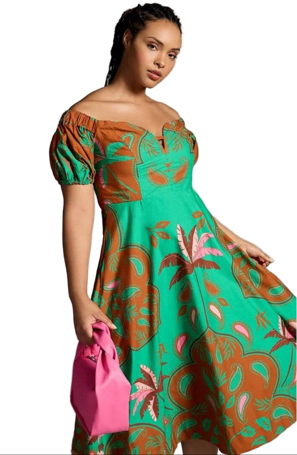 Anthropologie Women's Maeve Puff-Sleeve Sweetheart Green Brown Floral Print Dress Size 14