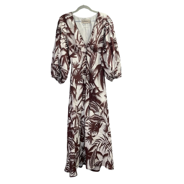 Keepsake Women's Brown Button Down Tropical Midi Dress with Puff Sleeves and Palm Trees, Linen, Size 6