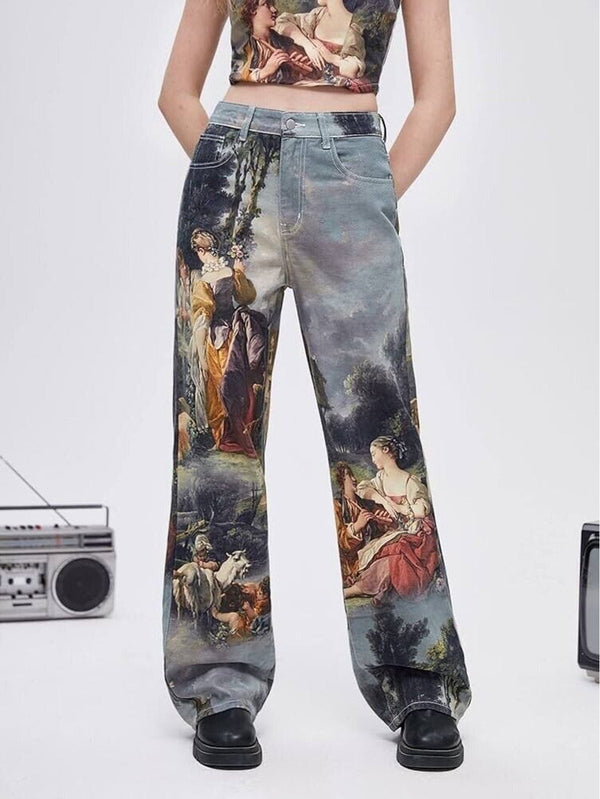 NWT Women's Blue Renaissance Figure Goddess Gilded Age Print Wide Leg Jeans 28