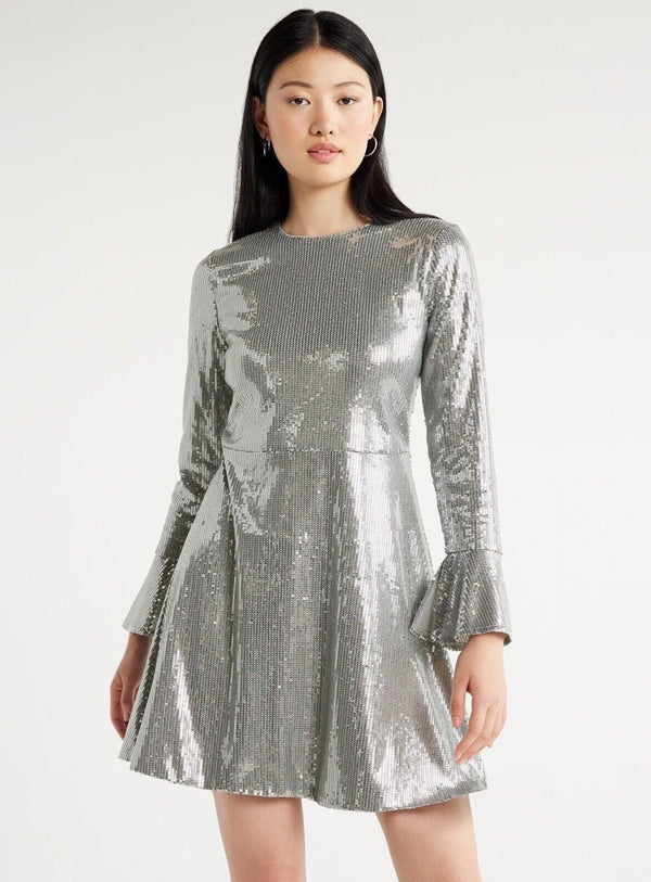 Scoop Women’s Sequin Mini Dress Silver Ruffled Hem new year eve party XL 16-18