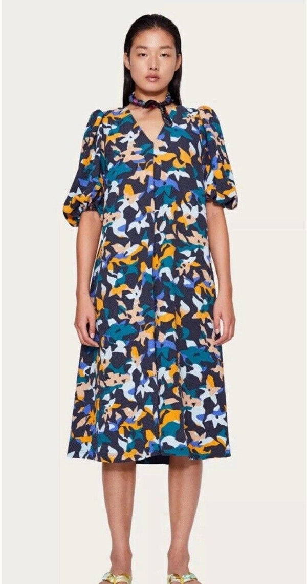 Stine Goya Women's Mayvelin Dress, Floral Blue Maxi with Puff Sleeves and V-Neck, Size Small