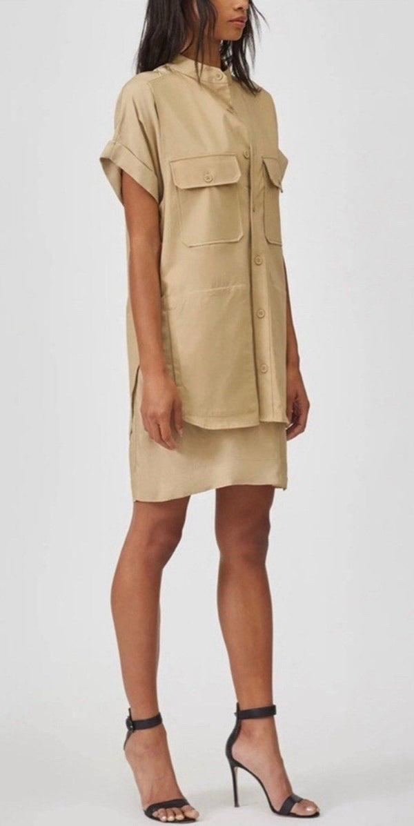 Equipment Women's Femme Acaena Utility Tan Khaki Safari Shirt Mini Dress Layered Vest Large