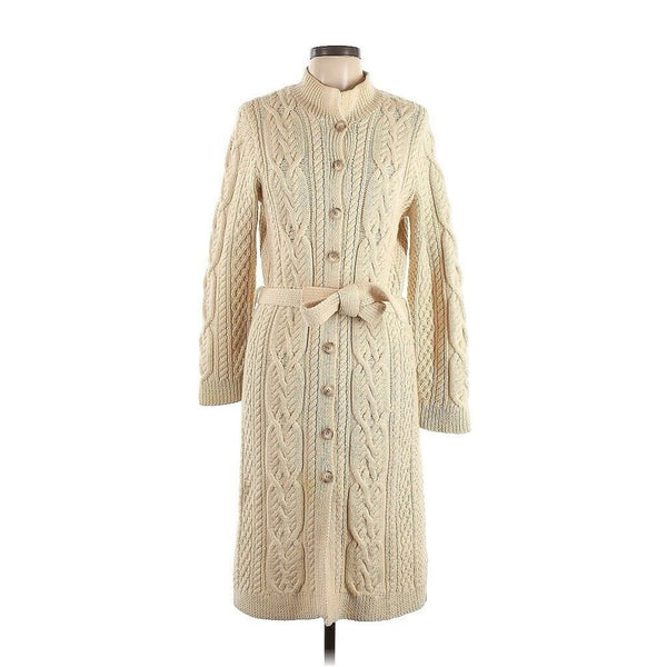 RALPH LAUREN Wool Hand Knit Long Duster Robe Cable Knit Cream Sweater Belted M