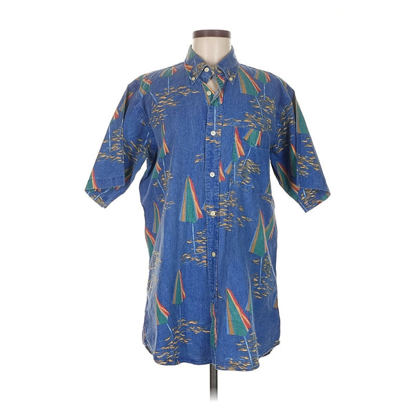 Vintage Chaps Ralph Lauren Women’s Blue Umbrellas Print Short Sleeve Button-Up Shirt | Size Medium