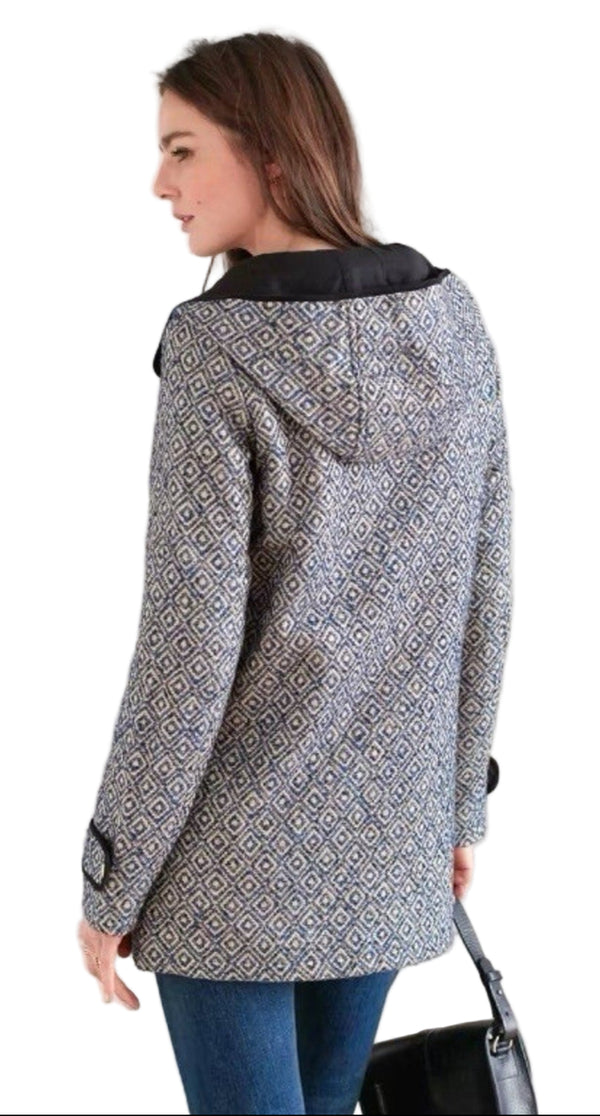 Sezane Women’s Printed Wool-Blend Double-Breasted Hooded Jacket – Blue – Small