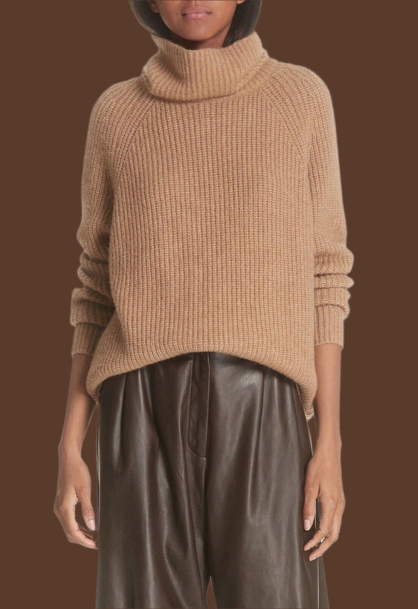 Nili Lotan Anitra Wool Camel Hair Tan Turtleneck Ribbed Sweater, Size XS