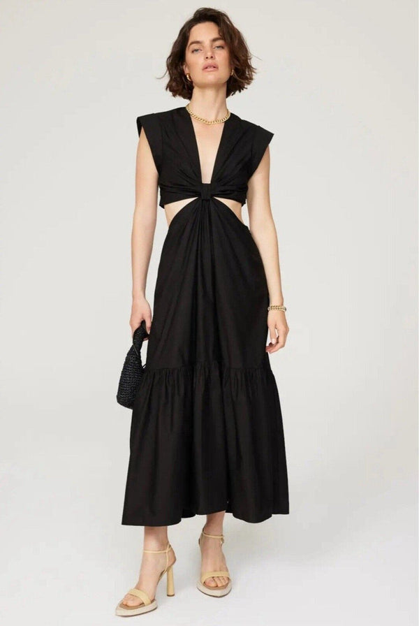 A.L.C. Alexandria Black Waist Cut Out Plunge V-Neck Tiered Maxi Dress 6 FLAW