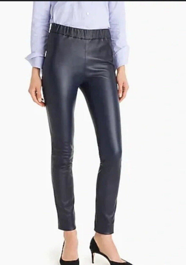 NWT J. Crew Women’s Navy Leather Leggings Pants Dark Blue Pull-On Size 2