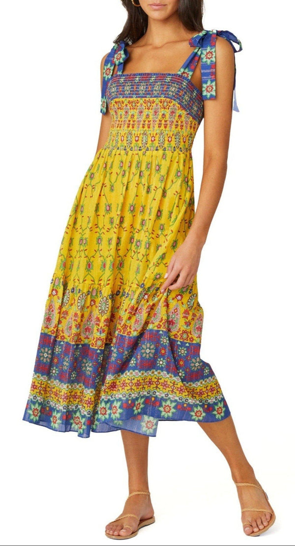 Shoshanna Women's Geometric Smocked Midi Dress – Yellow Print | Size Small