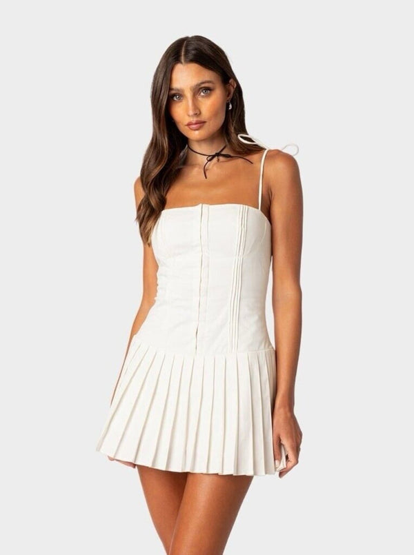 Edikted Perri XS White Pleated Corset Mini Visit Tie Shoulder Straps Drop Waist