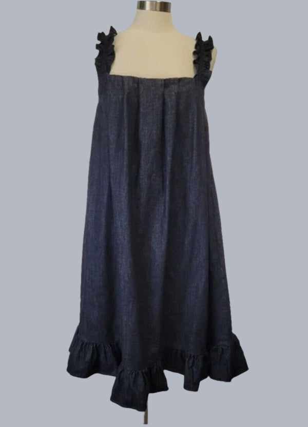 NWT Jonathan Cohen Women's Blue Denim Swing Dress with Ruffle Straps - Size Large