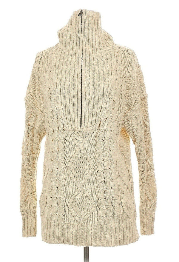 Free People Women's Cable Knit Zipper Collared Sweater Cream Driftwood Size XS