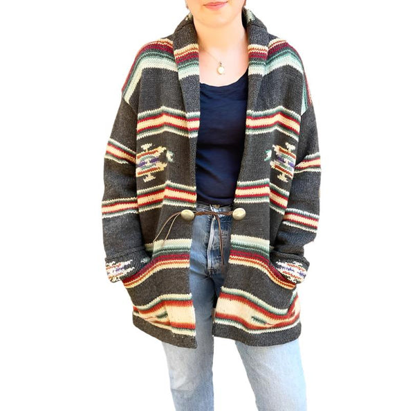 VTG Ralph Lauren Aztec Native Southwestern Grey Hand Knit Wool Cardigan Jacket M