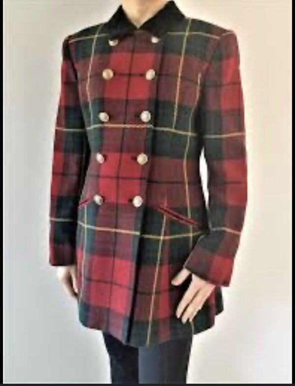 Vintage Lauren Ralph Lauren Red Green Plaid Tartan Wool Coat Jacket 10 RARE