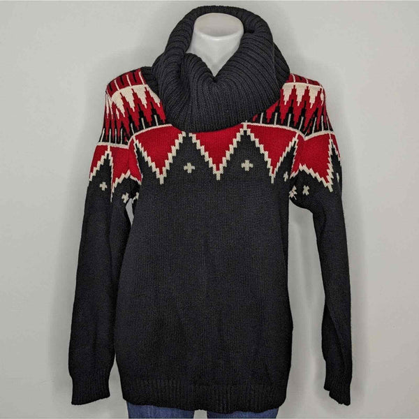 LRL Ralph Lauren black red geometric mock neck long sleeve sweater M/L