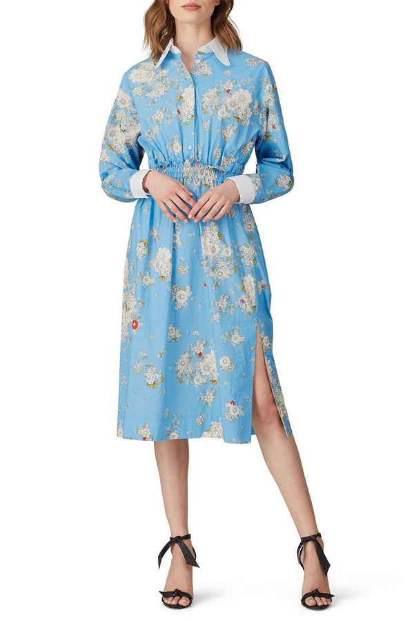 No. 21 Floral Blue Fantasia Base Midi Long Sleeve Side Slit Shirt Cotton Dress Small