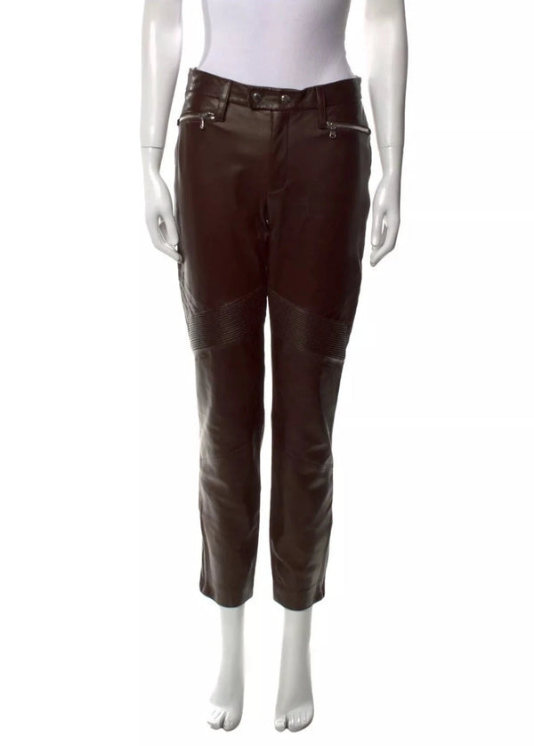 Ralph Lauren Black Label Women's Lamb Leather Stretch Moto Pants - Chocolate Brown, Size 8