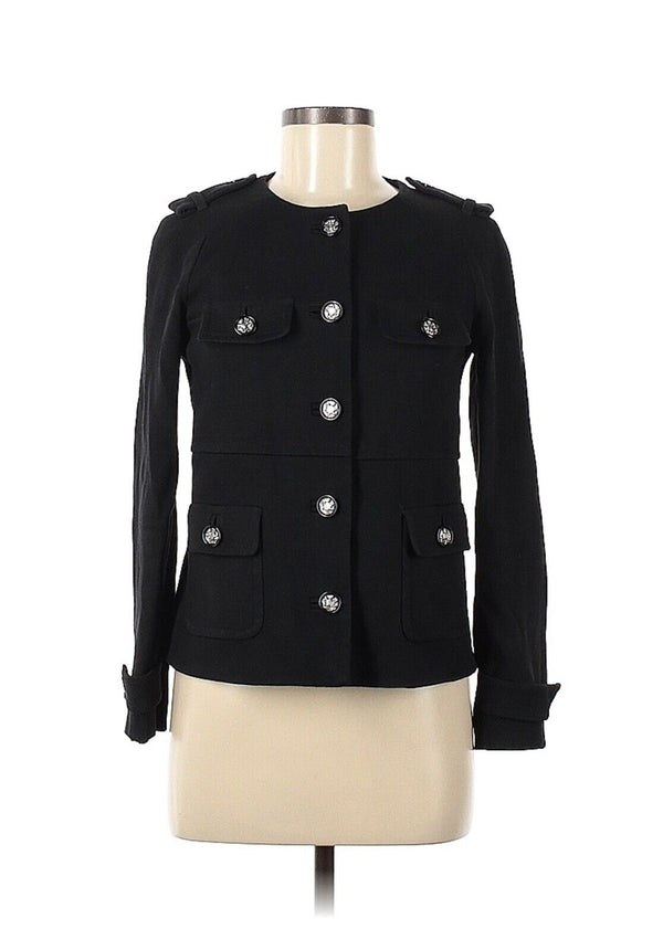 MASSIMO DUTTI Cotton Military Blazer Collarless JACKET WITH silver BUTTONS Black