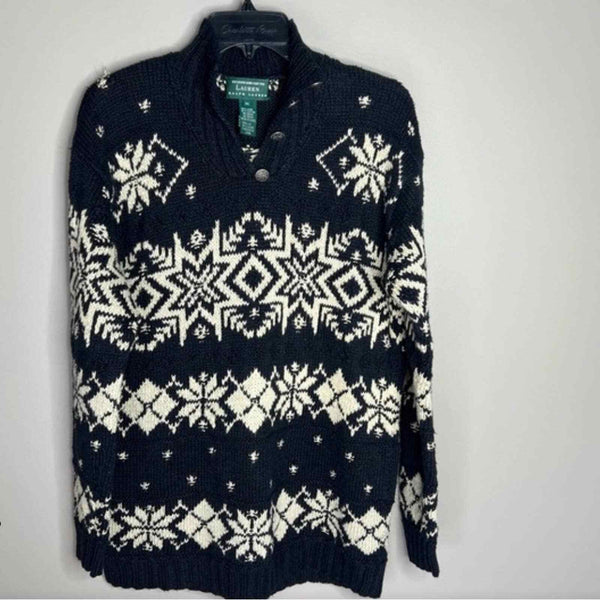 Lauren Ralph Lauren vintage hand knit snowflake holiday winter linen sweater M