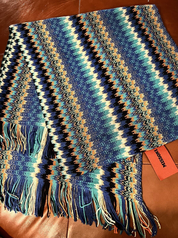 MISSONI Scarf Blue Orange Floral Wool Unisex Wrap Fringes Zigzag 180cm x 45cm