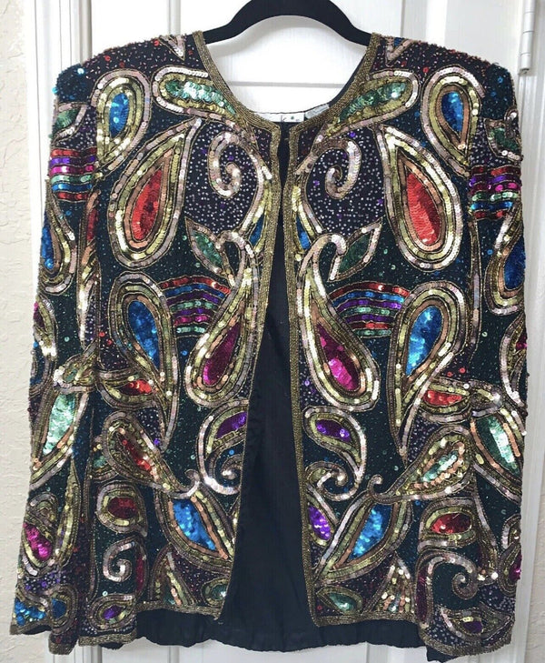 Lawrence Kazar Paisley Rainbow Sequin Silk Jacket Party Shimmer New Years Eve L