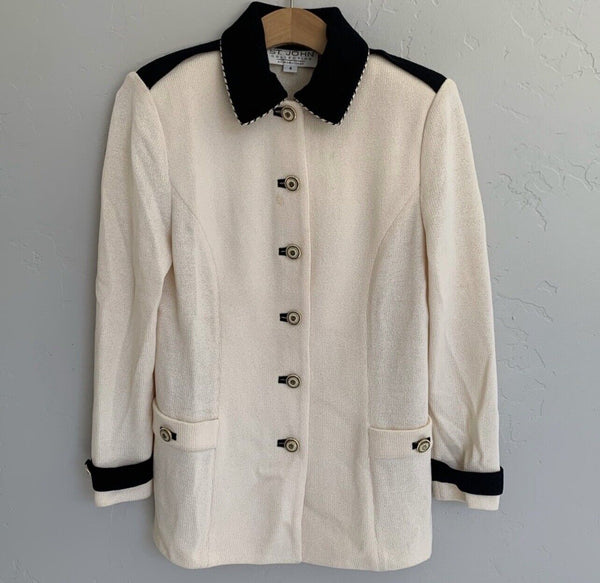 VTG St. John Collection Cream & Black Santana Knit Longline Blazer Jacket Size 4