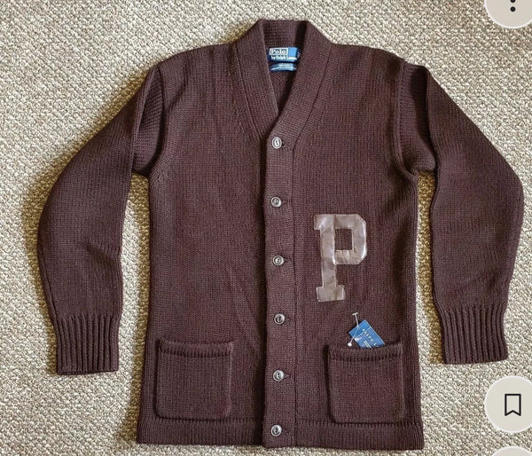 VTG Ralph Lauren Letterman Cardigan Brown Wool Leather Patch M