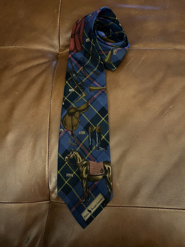 Polo Ralph Lauren Men's Blue Green Plaid Equestrian Horse Silk Tie Hand Made Tartan