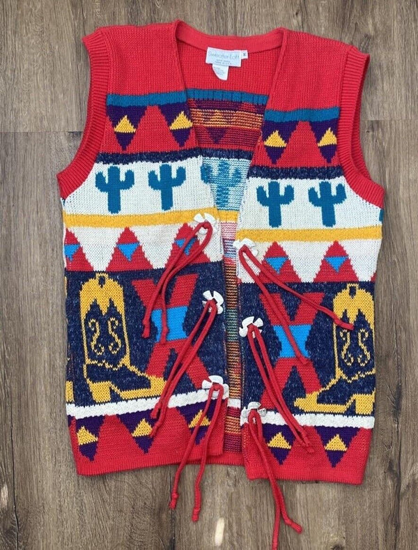 VTG Sweater Loft Cowboy Cactus Aztec Silver Buttons Knit Vest Western Equestrian