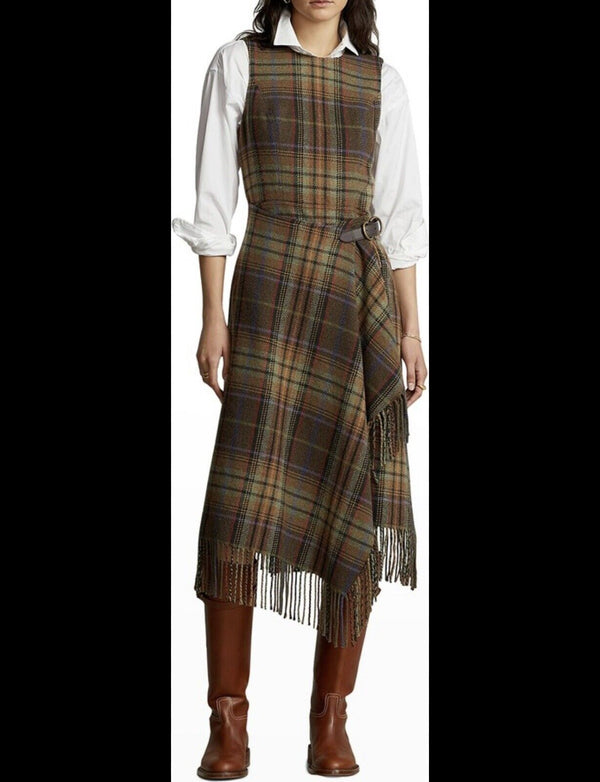 Polo Ralph Lauren Plaid Wool Wrap Effect Midi Dress Fringe Sleeveless Western 8