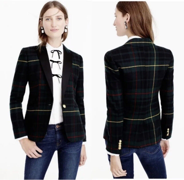 J.Crew Collection Women’s Campbell Blazer in Tartan Plaid Holiday Wool, Classic Cut- Green, Size 6