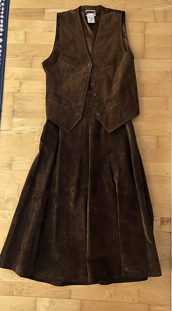 VTG Firenze Brown Suede Leather Vest Midi Skirt Set Western 8