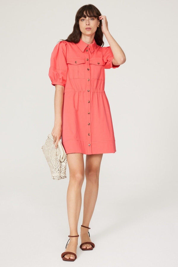 BA&SH Lincoln Mini Shirt Dress Puff Sleeves Pink Medium