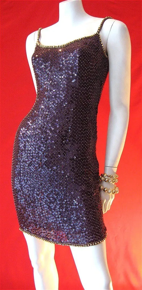 Vtg Oleg Cassini Black Tie Silk Sequin Beaded Purple Gold LSU Mardi Gras Dress S