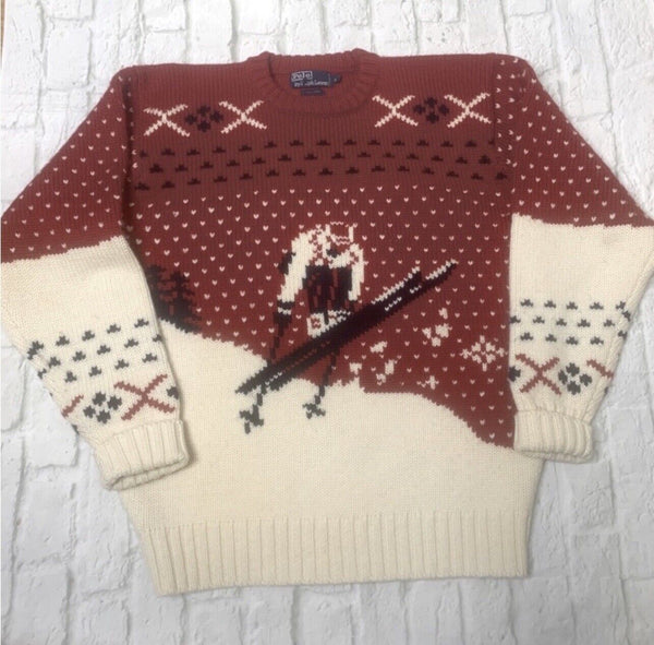 VTG Polo Ralph Lauren Retro Ski Downhill Skier Sweater 100% Wool Red White XL