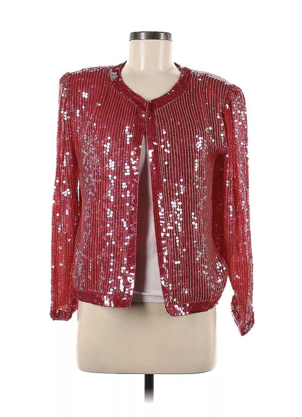 VTG Sweelo Kazar 100% Silk Linked Beaded Sequin Jacket Red Pink Medium