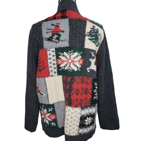 Lauren Ralph Lauren M Cardigan Sweater Patchwork Wool Skiing Snowflake Winter