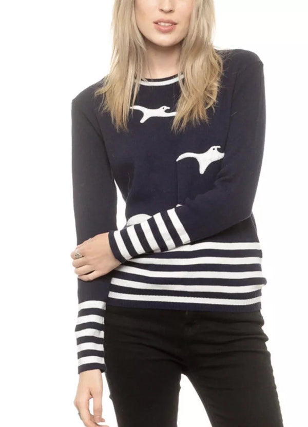 VTG Nautical Navy Blue White Seagulls Striped crewneck Sweater Small