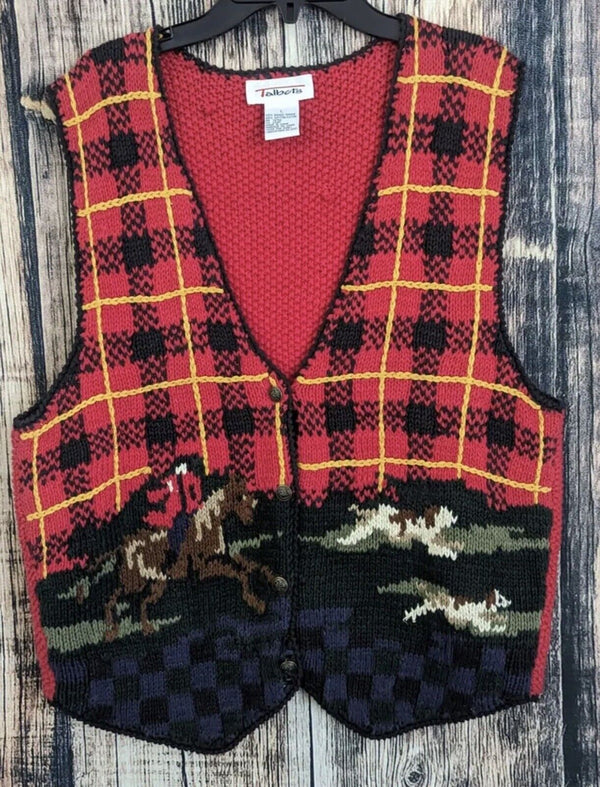 VTG Talbots Equestrian Hunt Western Southwestern Vest 8 Red Tartan Crochet Dogs