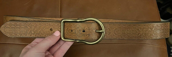 Vtg Eddie Bauer Embossed Tooled Leather Brown Gold Belt Equestrian Western Sz L